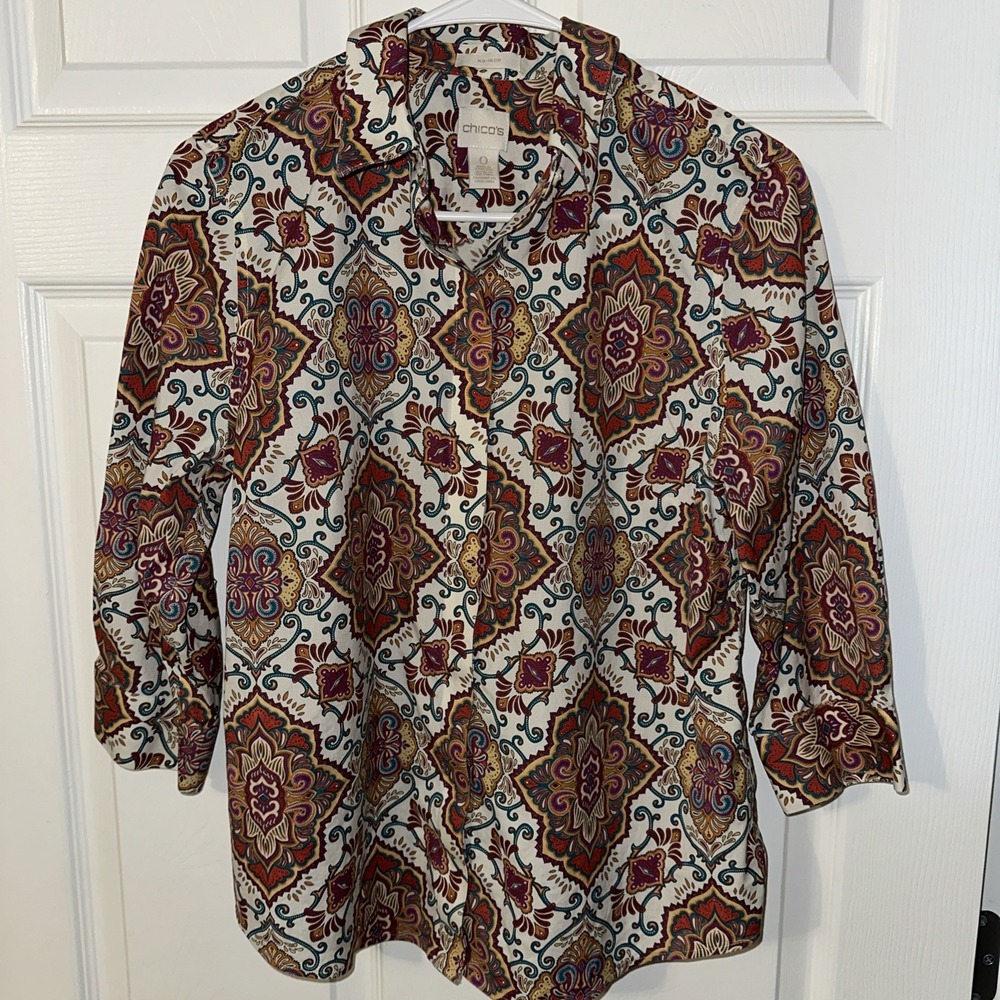 Chicos Womens‎ Sz 0 (4) No Iron Top 3/4 Sleeves Multicolored